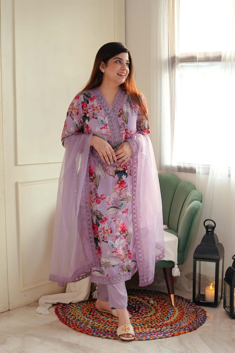 Silk Kurti suit with organza Dupatta