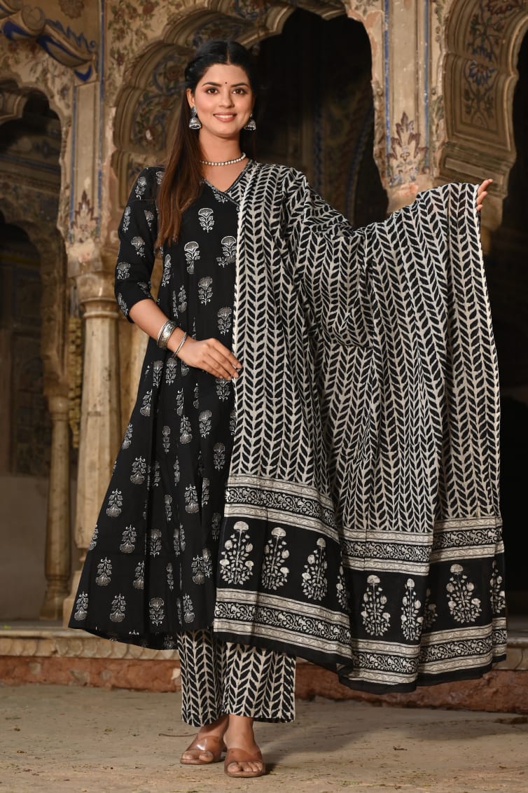 Handblock print cotton Anarkali (3pcs)