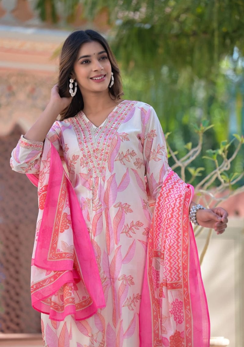 White-Pink Cotton Print Kurta Pant Set with Dupatta.