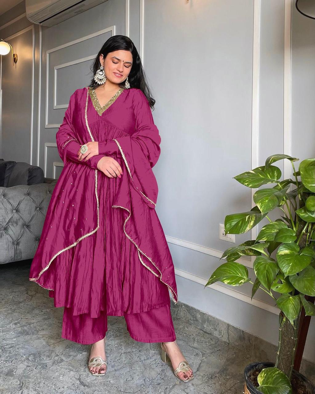 Chinon Silk Alia cut Anarkali Kurti,Dupatta & Bottom Set