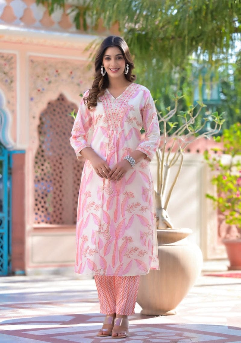 White-Pink Cotton Print Kurta Pant Set with Dupatta.