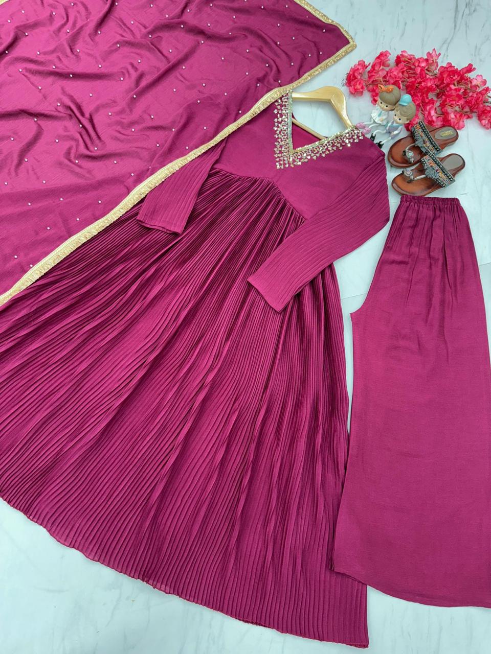 Chinon Silk Alia cut Anarkali Kurti,Dupatta & Bottom Set