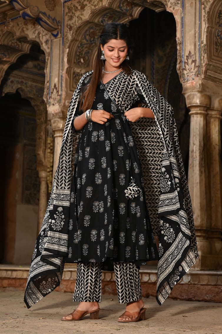 Handblock print cotton Anarkali (3pcs)