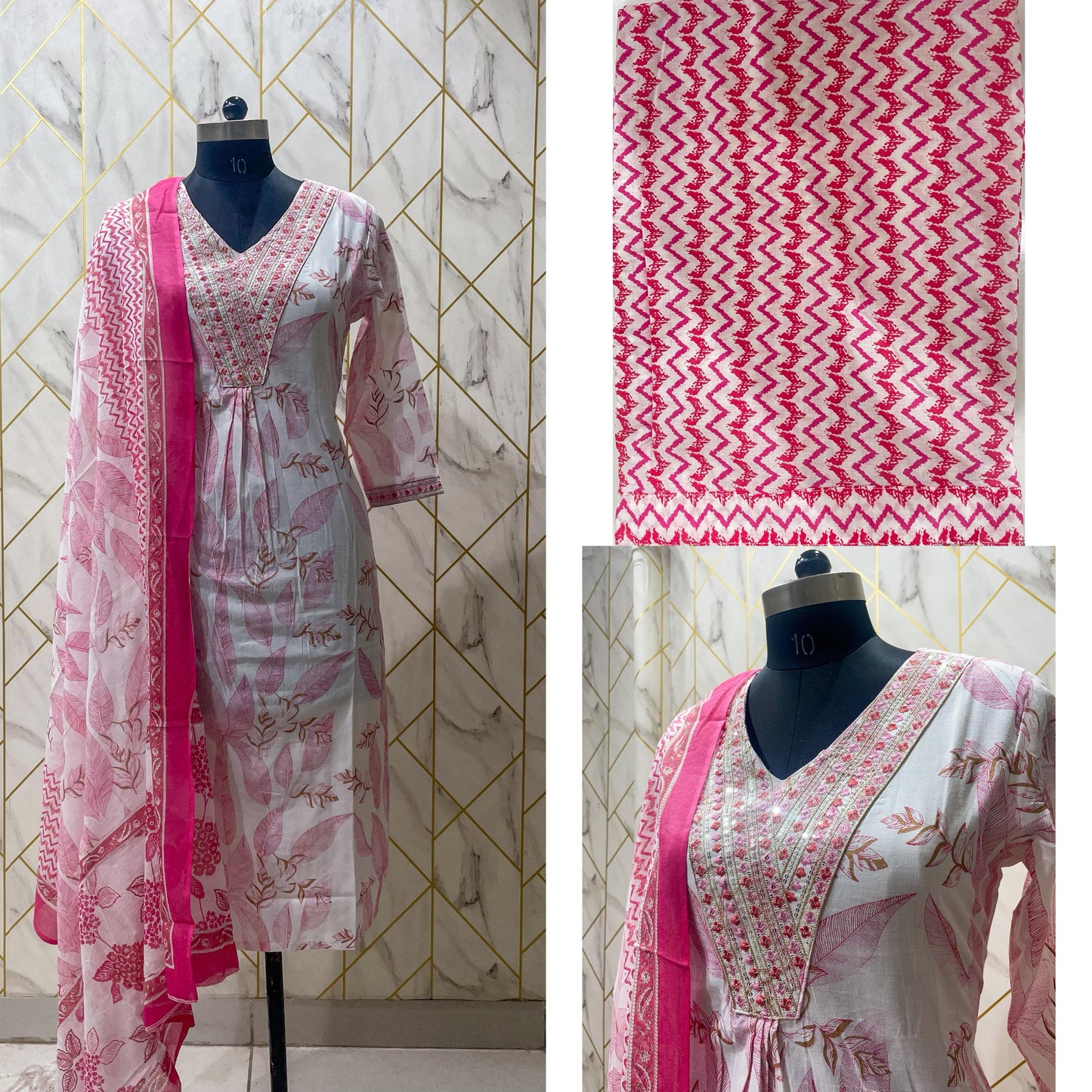 White-Pink Cotton Print Kurta Pant Set with Dupatta.