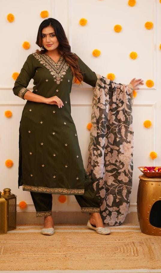 Premium Cotton Straight 3pc set Kurta With Pants and Printed Dupatta