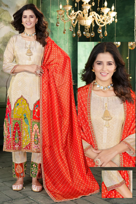 Ivory pure brocade designer heavy three piece