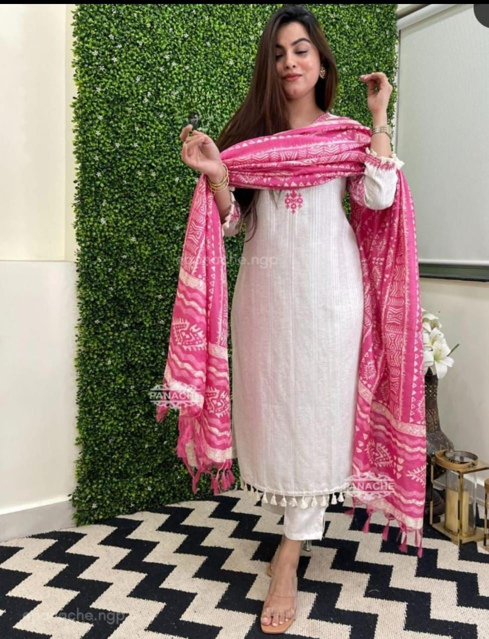 KATHA COTTON fabric Straight kurti with pant and dupatta