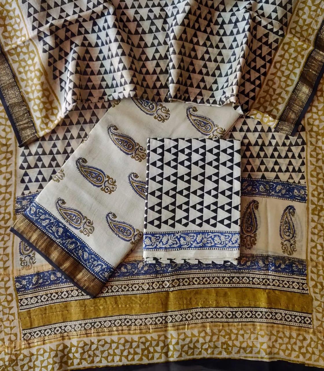 Maheshwari silk hand block unstitched suit