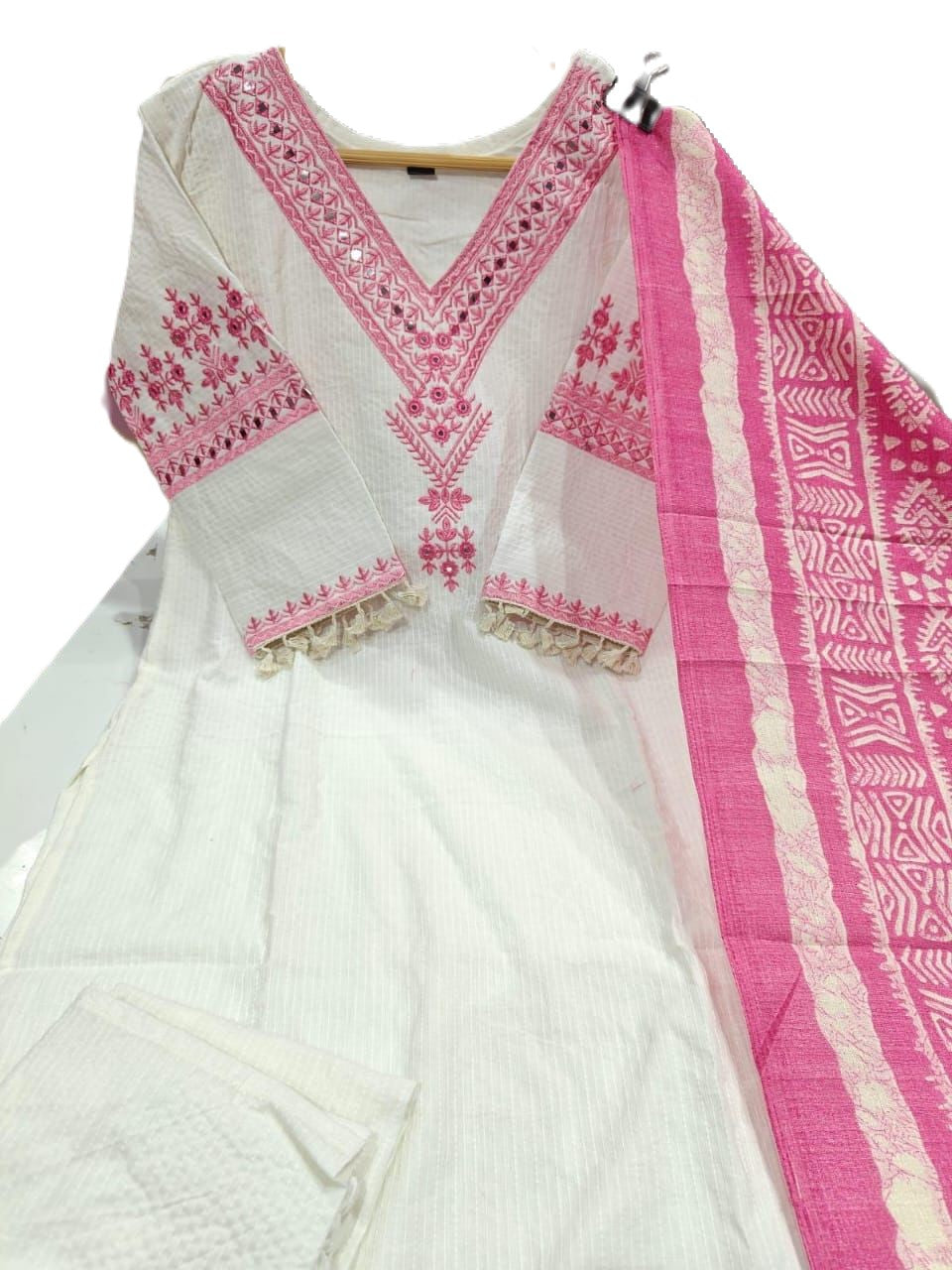 KATHA COTTON fabric Straight kurti with pant and dupatta