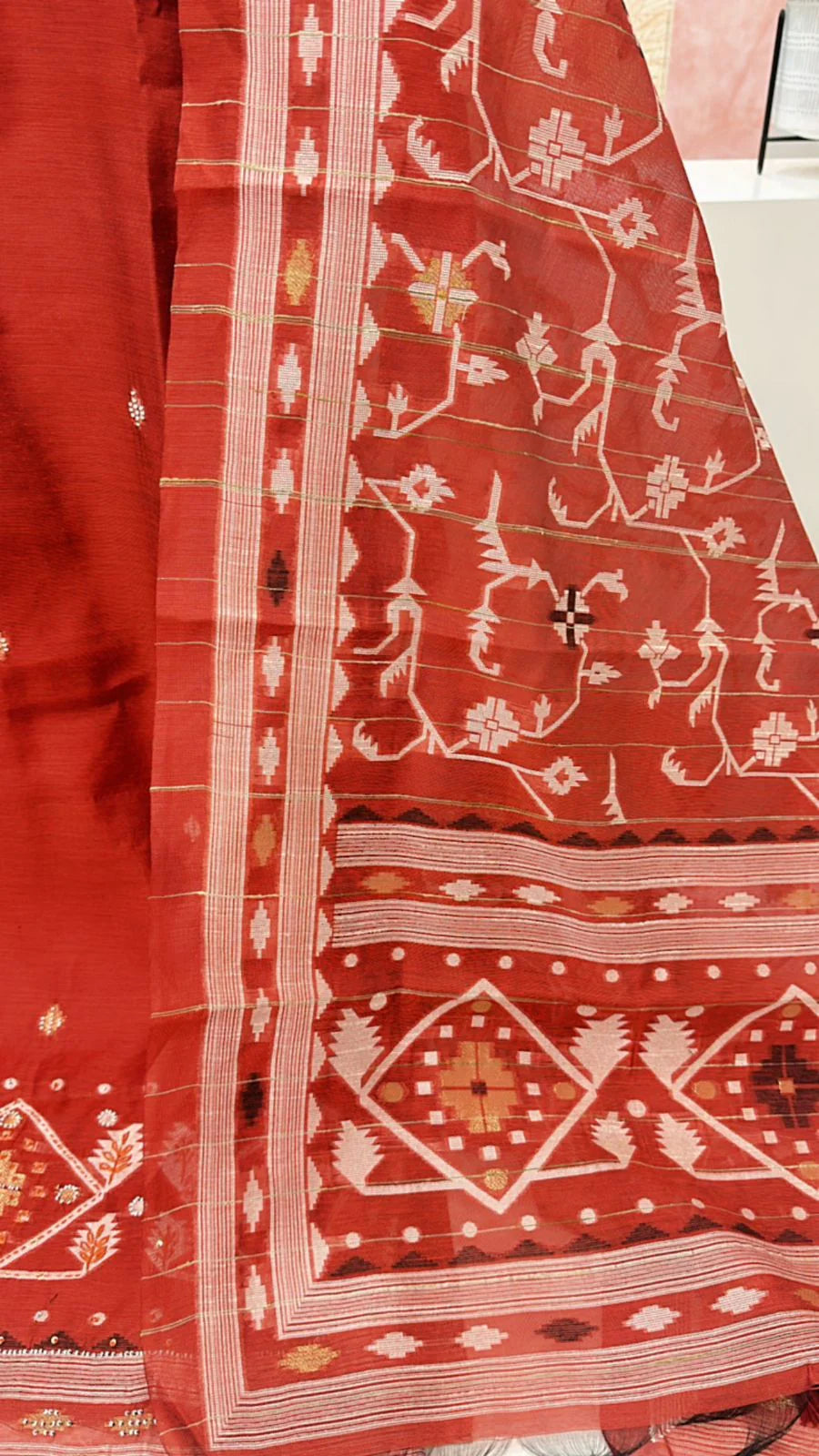 Rust jamadani with pearl work three piece set