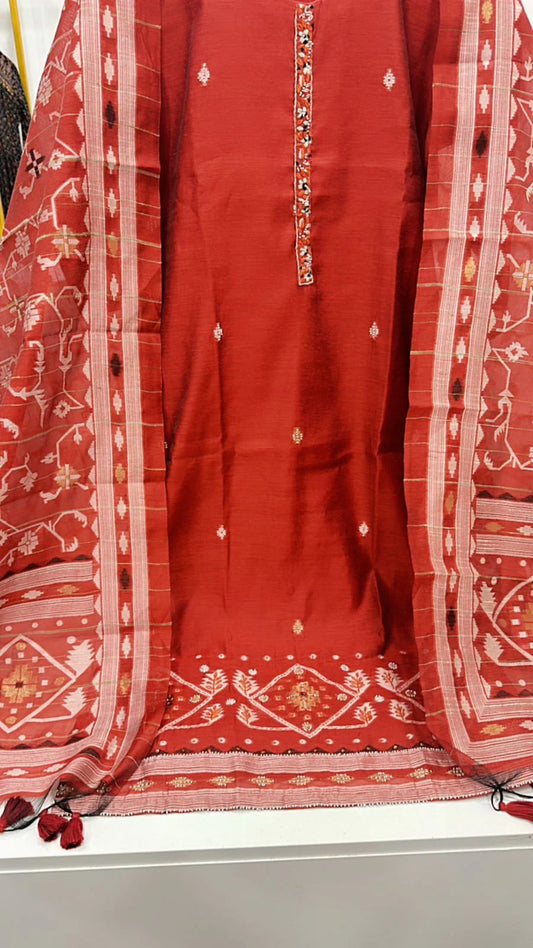 Rust jamadani with pearl work three piece set