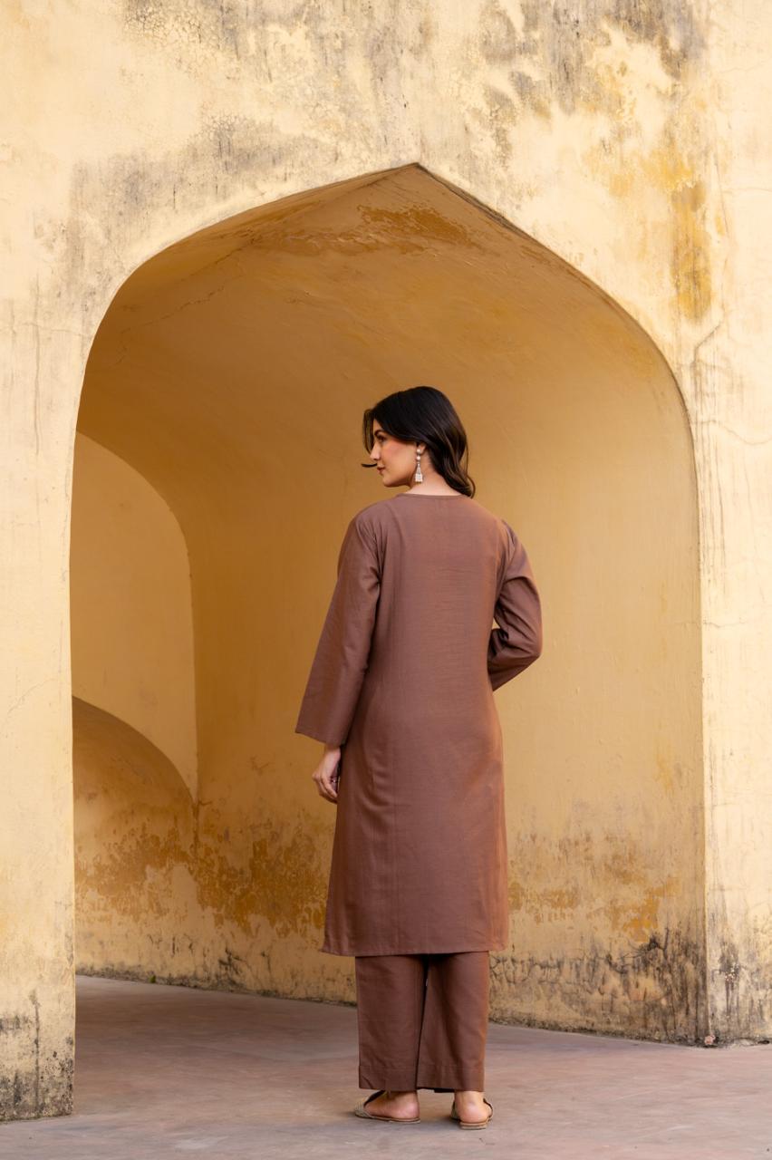 Brown flax cotton fully thread work designer two piece cordset