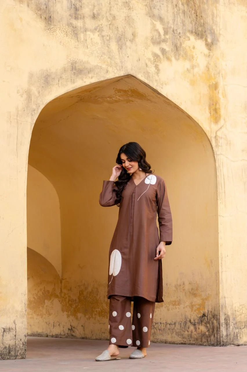 Brown flax cotton fully thread work designer two piece cordset