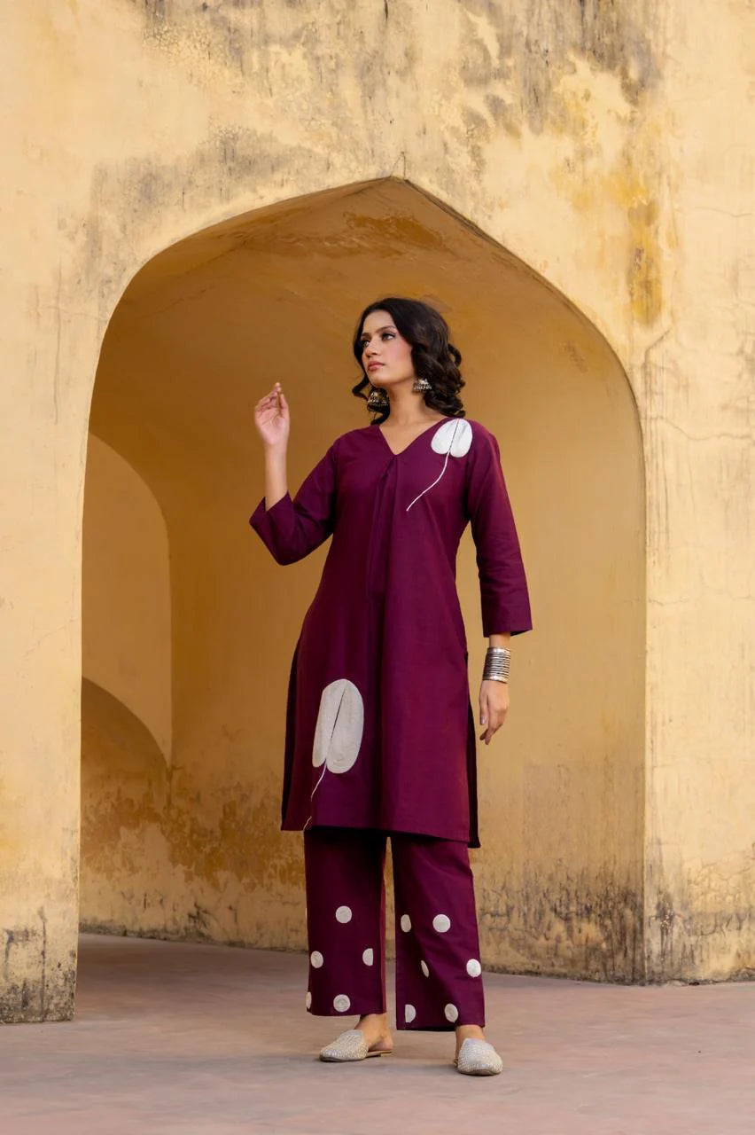 Mahroon flax cotton fully thread work designer two piece cordset